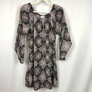 Jody California Sz S Bohemian Geometric Print Bell Sleeves Dress 100% Rayon USA